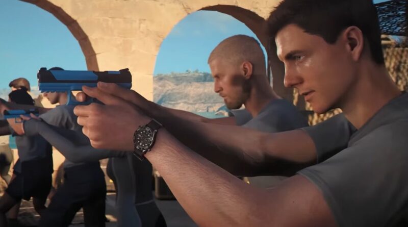 Several men in gray shirts aim blue pistols in formation under stone arches; foreground man wears a black watch.