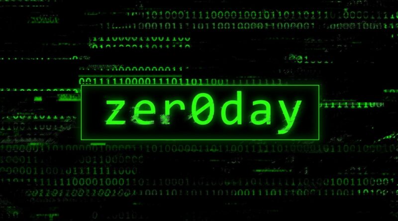 Green neon text reading 'zer0day' on a dark, code-filled background, symbolizing a zero-day cyber exploit.