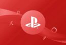 PlayStation logo centered on a red gradient background with curved abstract shapes surrounding it.