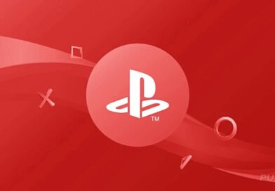 PlayStation logo centered on a red gradient background with curved abstract shapes surrounding it.