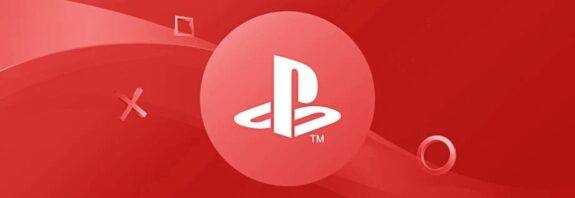 PlayStation logo centered on a red gradient background with curved abstract shapes surrounding it.