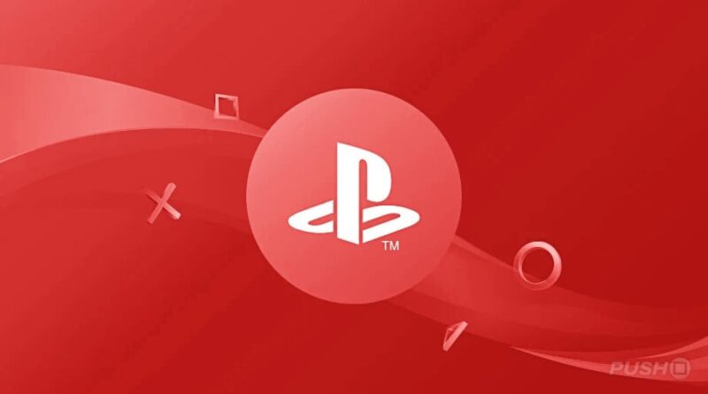 PlayStation logo centered on a red gradient background with curved abstract shapes surrounding it.