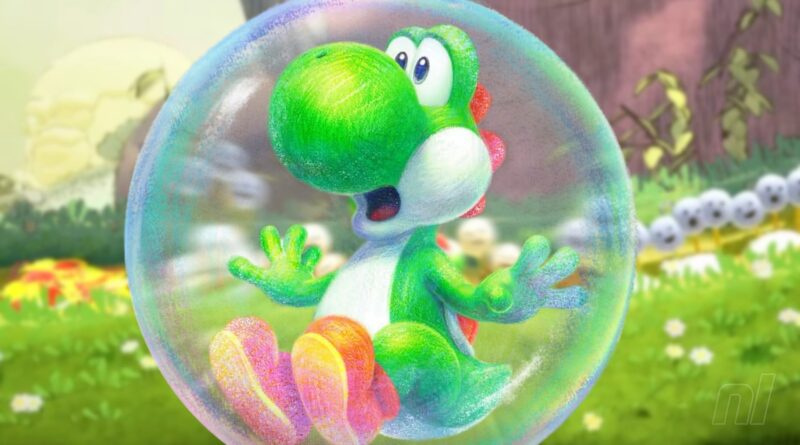 Cartoon green dinosaur character inside a translucent bubble, reaching toward the viewer in a sunny garden setting.