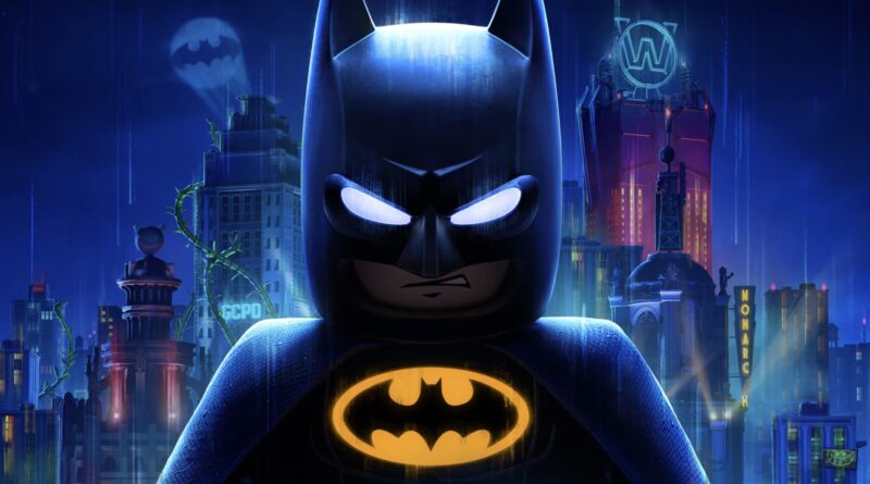 Batman stands front and center in a neon-blue cityscape, bat emblem glowing on his chest.