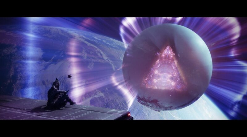 A person in a dark spacesuit sits on a space-station platform, Earth below, watching a giant glowing spherical portal with a bright triangular core nearby.