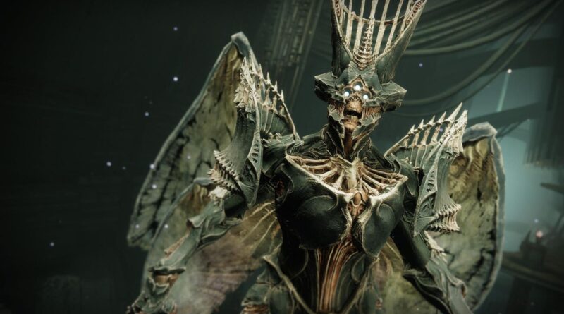 Fantastical armored dragon creature with bone-like armor and glowing eyes, standing in a dark, sci-fi setting.