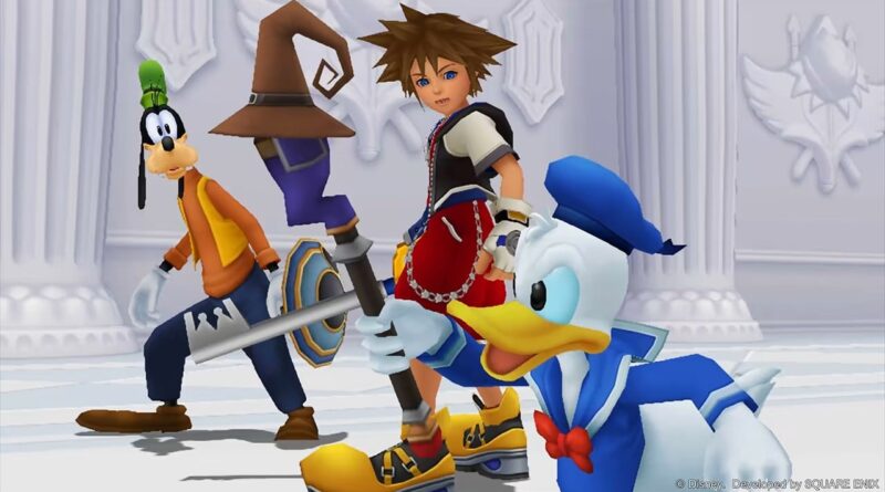Sora, Goofy, and Donald Duck in a snowy castle hallway, ready for action with shields and Keyblade.