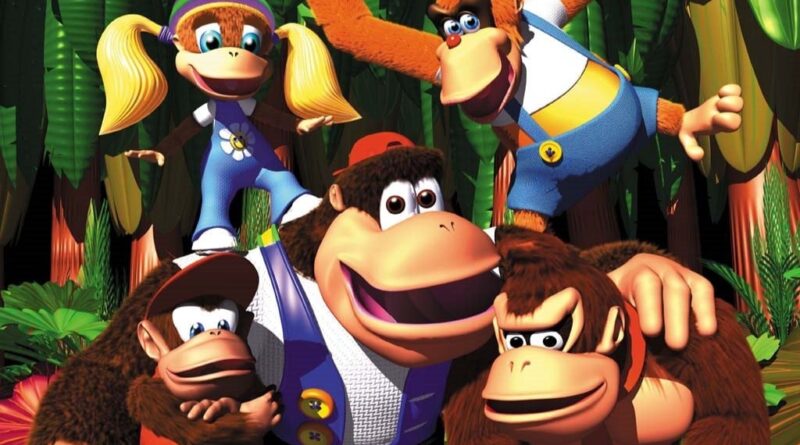 Playful group of cartoon apes in a jungle, with a large central gorilla and two orangutans flanking him.