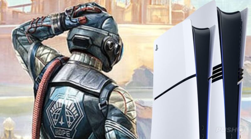 Futuristic armored soldier with a HOPE emblem on the back stands beside a stack of white PlayStation 5 consoles.