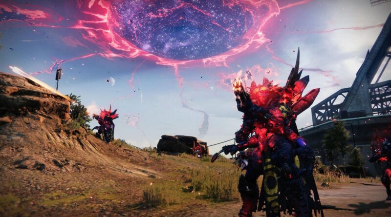 Crimson-armored monster stands in a rugged battlefield as a giant pink portal swirls in the sky above, with other fighters in the distance.