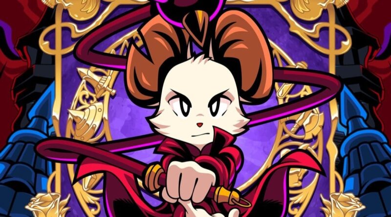 Cartoon rabbit warrior in red cloak brandishes a dagger toward the viewer against a purple ornate background.