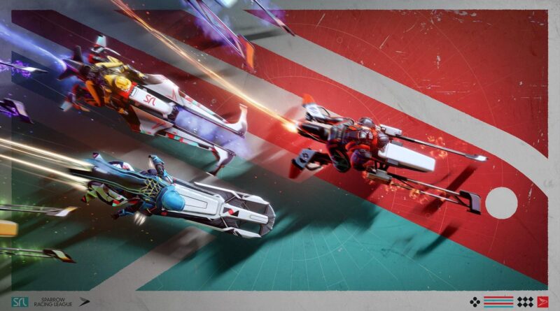 Futuristic hoverbike race with three riders speeding through a neon track, sparks flying as they maneuver in mid-air.