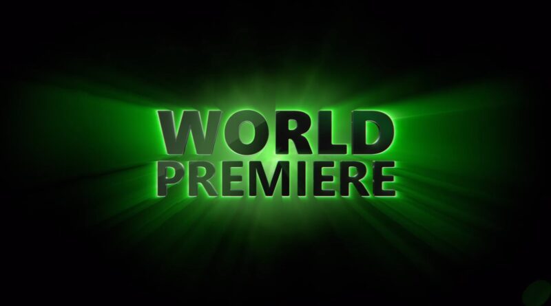 Bold green 3D text reading 'WORLD PREMIERE' with a glowing cyan-green burst on a dark background, like a title splash for a promo.