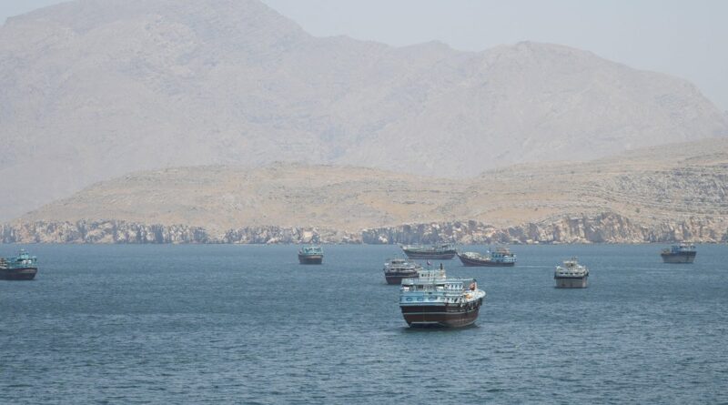 Fleet of small passenger boats anchored in a calm bay with a rocky coastline and arid mountains in the distance.