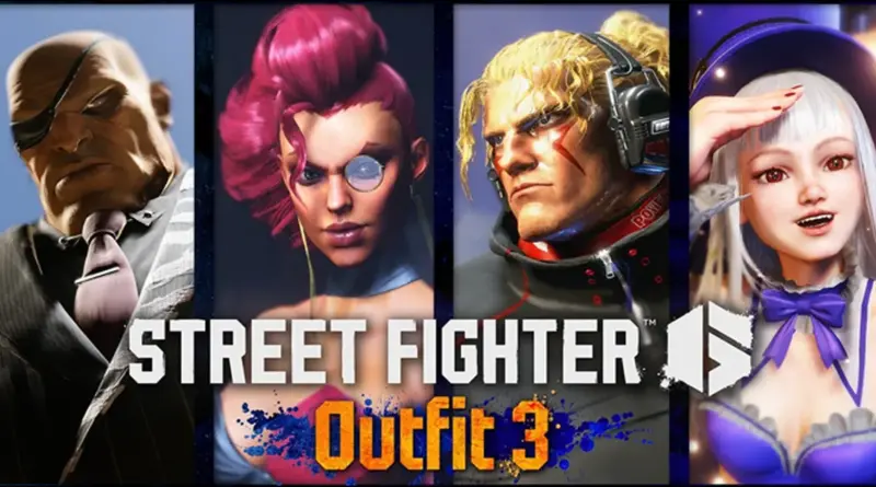 Promotional banner for Street Fighter Outfit 3 showing four characters from left to right: an eyepatch-wearing man, a pink-haired fighter, a blond fighter with a headset, and a cheerful anime-style girl with a purple bow.