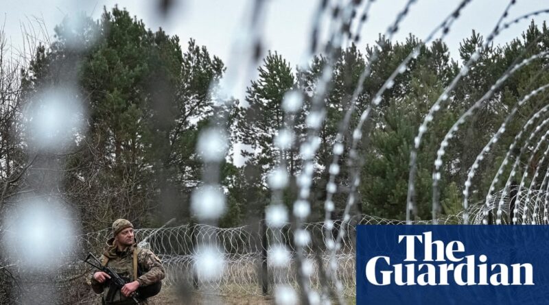 Soldier in camouflage with a rifle standing near a barbed-wire barrier in a wooded, wintry landscape.