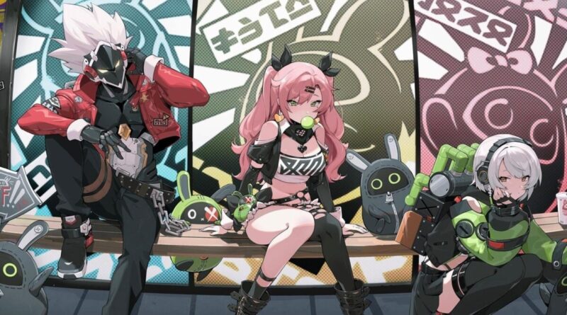 Three stylized characters sit on a bench before a colorful graffiti backdrop; left figure in a red jacket, center pink-haired girl, right silver-haired person in green gear.