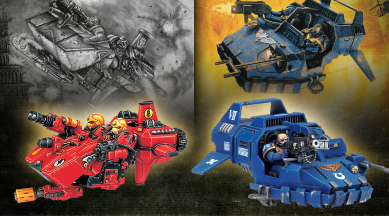 Collage of four sci‑fi battle vehicles: red crewed speeder (bottom-left), blue armored hover/tanker (bottom-right), gray battle craft (top-left), and yellow-tombed tank (top-right).