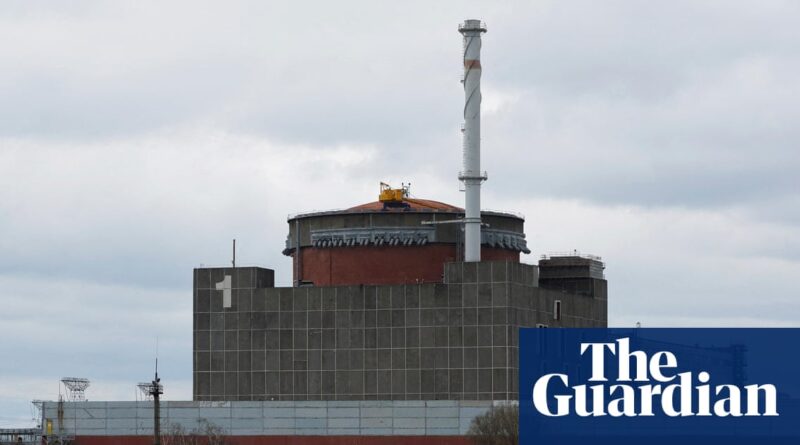 Nuclear power plant with a cylindrical red-brick reactor building and a tall exhaust stack under a cloudy sky; Guardian logo bottom right.