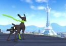 Stylized black dog with a neon green collar and sword pose on a rooftop, overlooking a city with a tall tower behind.