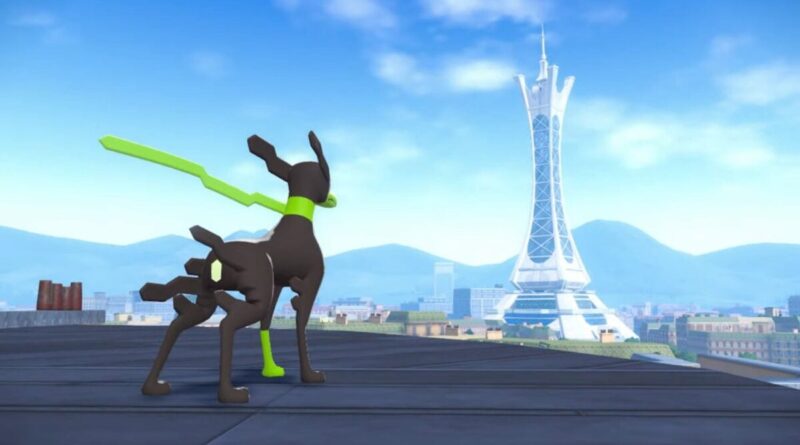 Stylized black dog with a neon green collar and sword pose on a rooftop, overlooking a city with a tall tower behind.