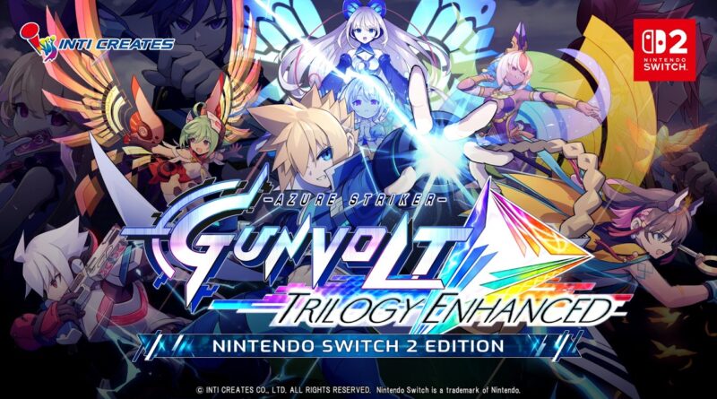 Video game cover for Azure Striker Gunvolt: Trilogy Enhanced on Nintendo Switch, featuring colorful anime characters and a bright blue energy attack center stage, Nintendo Switch logo top-right, Inti Creates logo top-left.