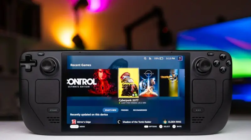 Handheld gaming console displaying a library screen with recent games, Cyberpunk 2077 highlighted on the home UI