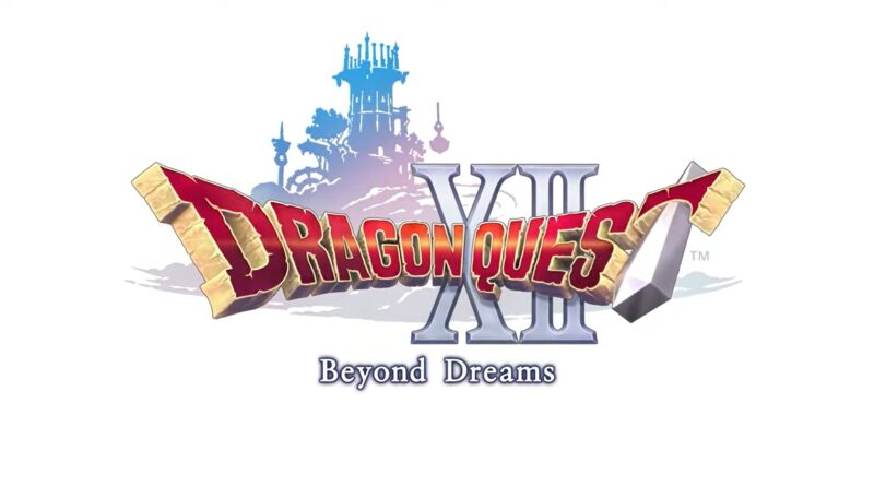 Dragon Quest XI: Beyond Dreams logo with red letters, silver XI, and a blue castle silhouette above the text.