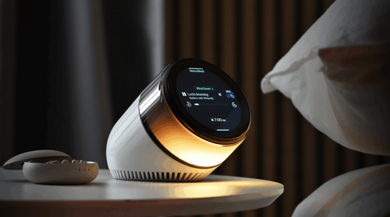 Circular bedside smart speaker with a warm glow, displaying a wind‑down sleep screen (7:00 AM) on a nightstand.