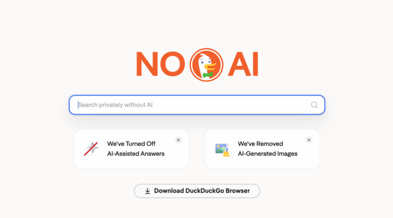 NO AI brand illustration with a centered search bar, two feature cards below, and a rounded Download DuckDuckGo Browser button.