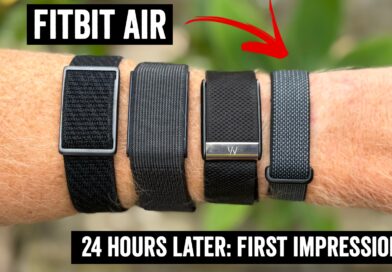 Thumbnail for a product review: four black watch bands on a forearm, with a FITBIT AIR logo at the top and bold caption at the bottom reading '24 HOURS LATER: FIRST IMPRESSIONS'