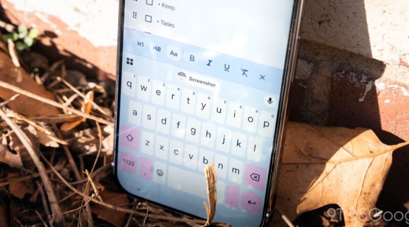 Close-up of a smartphone resting on dry leaves, displaying an on-screen keyboard and a dim 'Screenshot' label on the screen (outdoor setting).