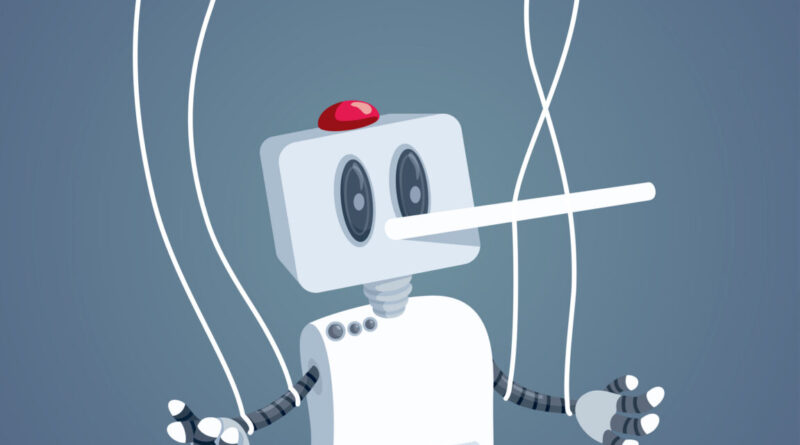Cartoon white robot with big eyes and a red button on its head, held by white strings.