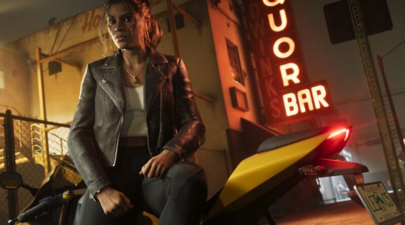 Woman in a leather jacket sits beside a yellow sport motorcycle in a neon-lit urban alley at night.