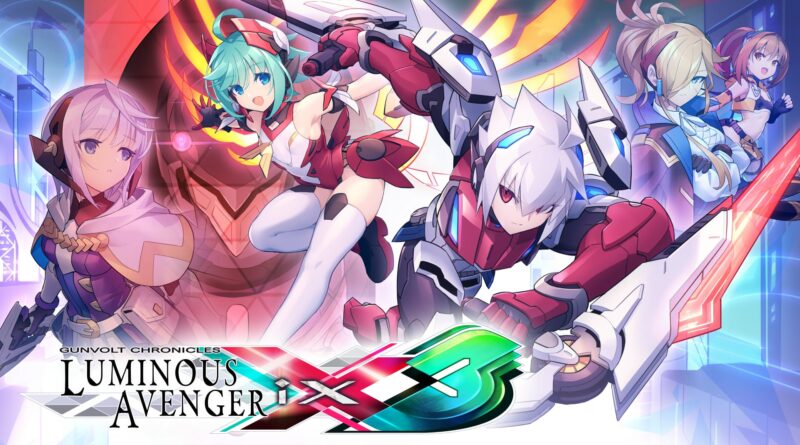 Cover art for Gunvolt Chronicles: Luminous Avenger iX showing four armored heroes in a neon city ready for battle.