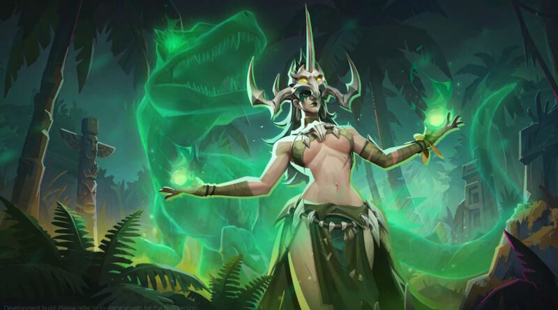 Female sorcerer in tribal attire raises glowing green hands, summoning a neon-green serpent-like spirit in a jungle ruin.