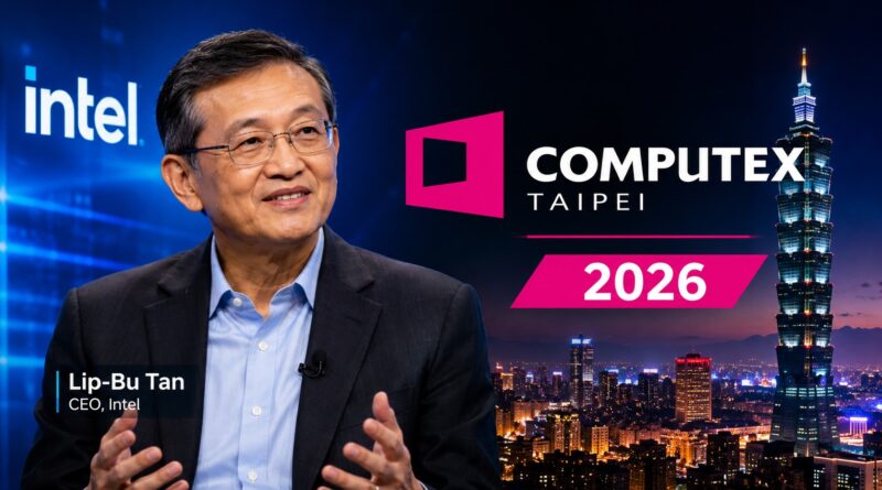 Lip-Bu Tan, Intel CEO, speaking at Computex Taipei 2026 with Taipei 101 skyline in the background.