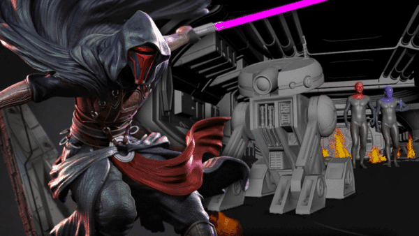 Hooded warrior with a purple lightsaber lunges at a gray battle droid inside a dark spaceship corridor, flames visible in the background.