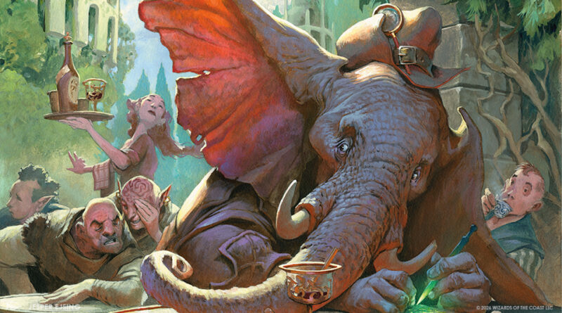 A blue-gray elephant with a saddle charges through a crowded fantasy tavern as startled patrons and goblin-like figures react.