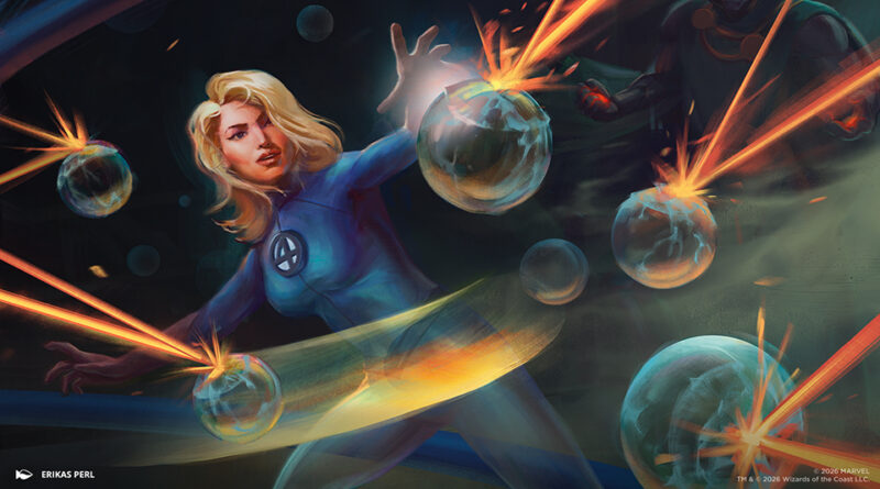 Superheroine in a blue suit with a ‘4’ emblem fires orange energy blasts at glowing glass spheres in a cosmic battle.