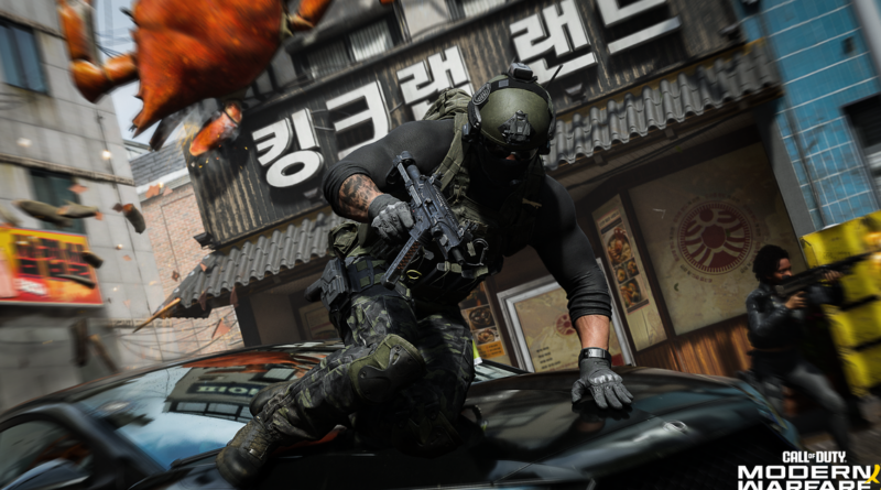 Tactical soldier on a car hood, aiming a rifle in a war-torn city street.