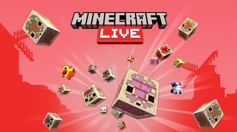 Minecraft Live promotional banner with floating pixelated blocks and the game’s logo on a pink-red background