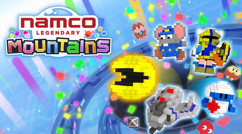 Bright game banner for Namco Legends Mountains with voxel characters and a yellow Pac‑Man-like figure amid colorful floating cubes.