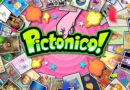 Promotional artwork for the game Pictomico!, a collage of colorful photos around a pink center with a pointing hand and bold title.