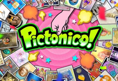 Promotional artwork for the game Pictomico!, a collage of colorful photos around a pink center with a pointing hand and bold title.
