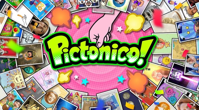 Promotional artwork for the game Pictomico!, a collage of colorful photos around a pink center with a pointing hand and bold title.