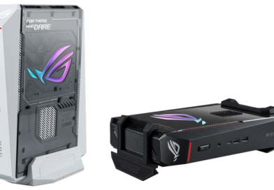 White ROG gaming desktop with a transparent side panel and glowing logo on the case, standing upright.