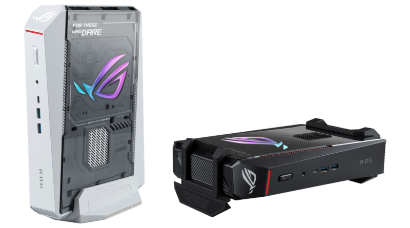 White ROG gaming desktop with a transparent side panel and glowing logo on the case, standing upright.