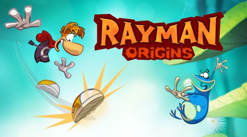 Rayman Origins game cover art showing Rayman and a blue creature leaping in mid-air against a bright teal background with the game title above.