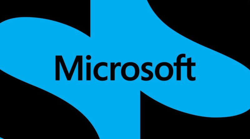 Microsoft logo: bold black wordmark over a blue abstract cross on a black background.
